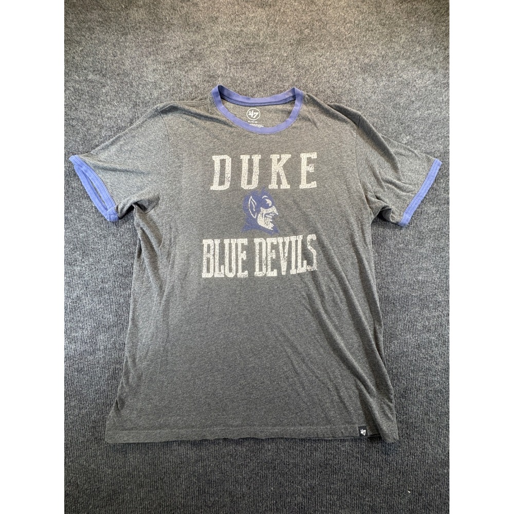 47 Brand Duke Blue Devils Ringer T-Shirt Mens XL Gray Blue Distressed Graphic